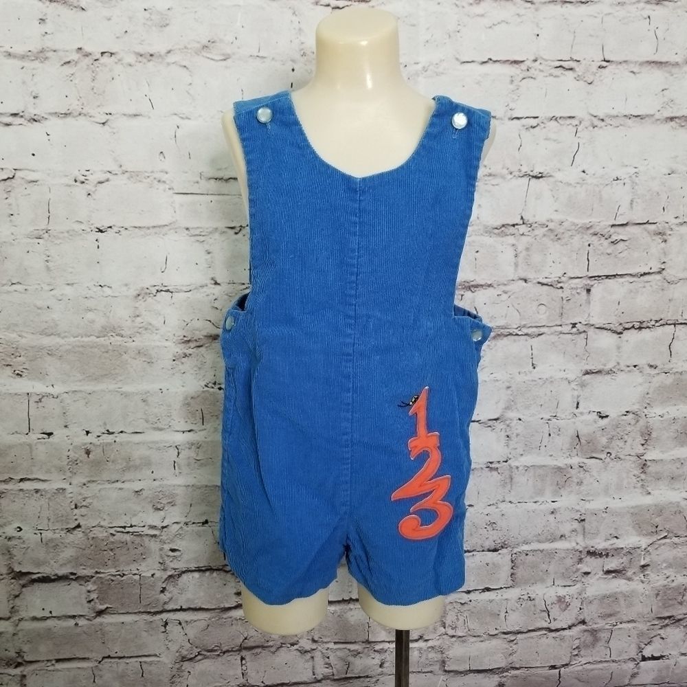 Vintage Grace‎ 60s Toddlers 4T Blue Corduroy Overalls Shortalls 123 Patch